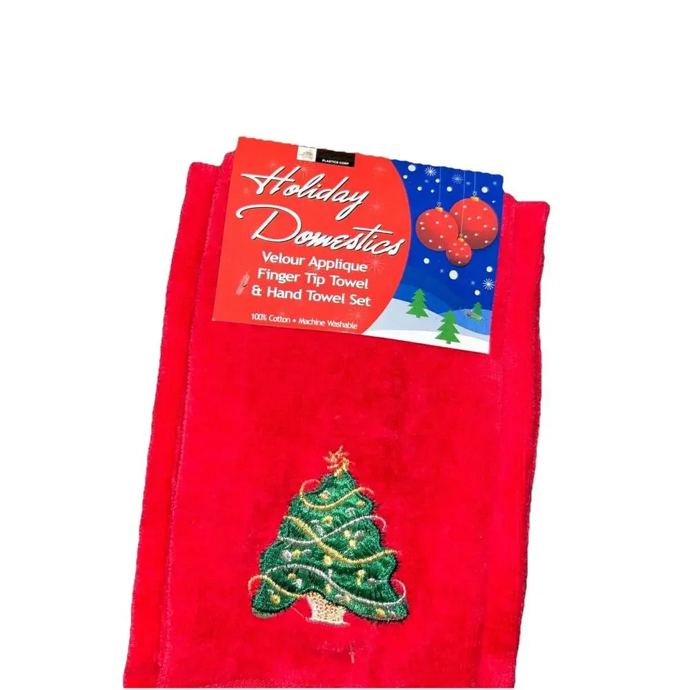 Holiday Domestics Red Christmas Tree‎ Tea Towel Set - Velour Appliqué NEW